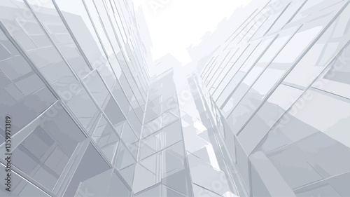 Low-angle, close-up shot of a modern building's facade. The image features predominantly white and grey tones, emphasizing the geometric lines and glass structures.  The perspective is looking