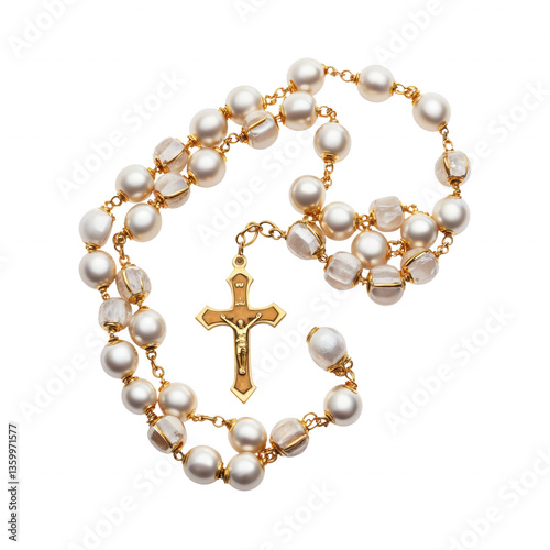 Off-White Pearl Rosary Necklace with Gold Crucifix