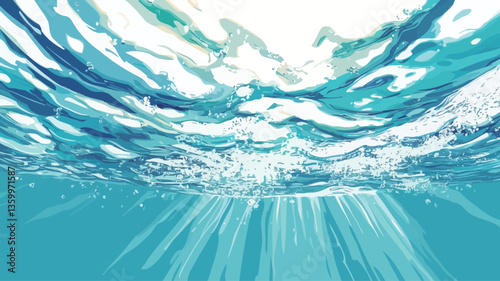 An illustration depicting an underwater view. The image showcases a stylized representation of water with varying shades of blue and turquoise.  Light rays emanate from the bottom, creating a