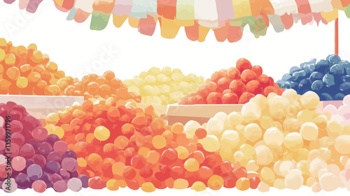 A high-angle, close-up shot depicts a vibrant display of various colorful candies arranged in piles on wooden crates at a market stall.  The candies are predominantly round and appear to be various