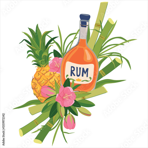 Vector sticker with bottle of rum, pineapple and flowers. Tropical vacation emblem. Illustration for beach bar menu. Cruise vacation, summer holidays, party, cafe.