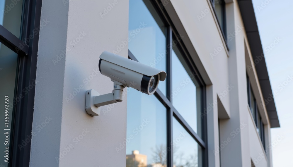 High-tech surveillance camera monitoring commercial building, security High-tech surveillance camera monitoring commercial building, security