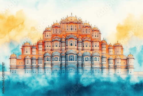 Exploring the vibrant beauty of Hawa Mahal through minimalist watercolor artistry