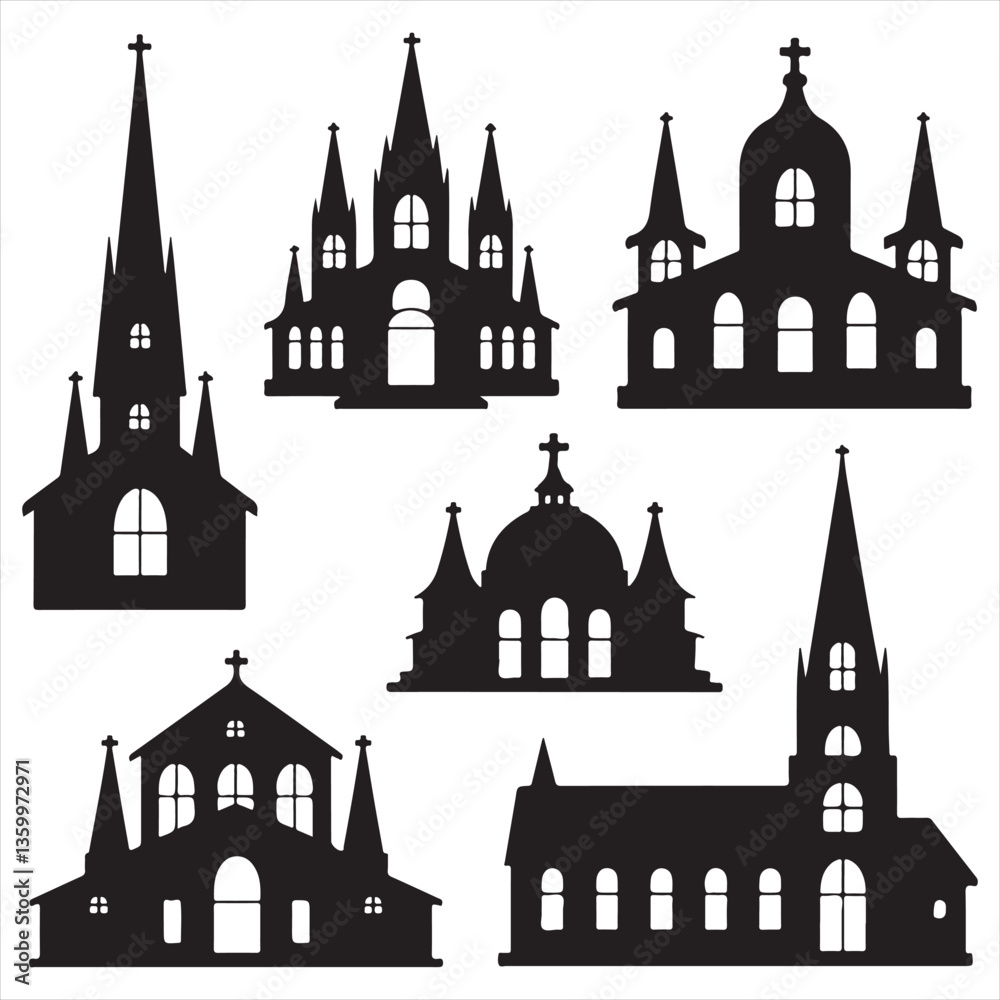 Obraz premium SET VECTOR VARIOS CHRUCH SILHOUETTES, WEDDING, CHRISTMAS
