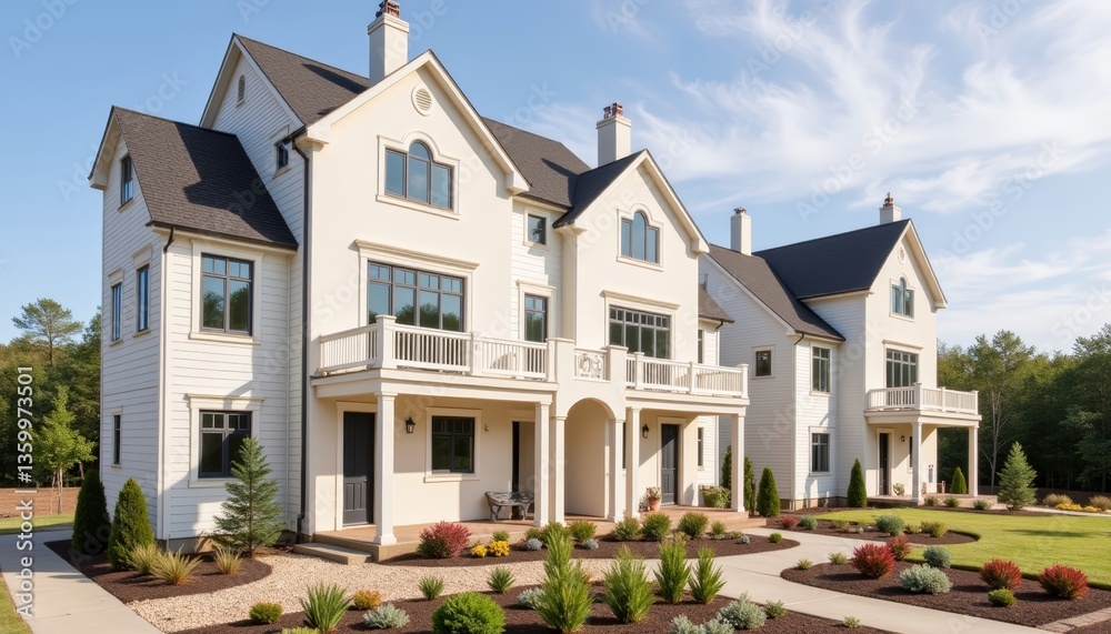 Contemporary townhouses with fresh landscaping in suburban setting, modern living Contemporary townhouses with fresh landscaping in suburban setting, modern living