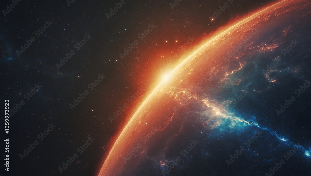 Fototapeta premium Fiery planet view with celestial light in deep cosmic space