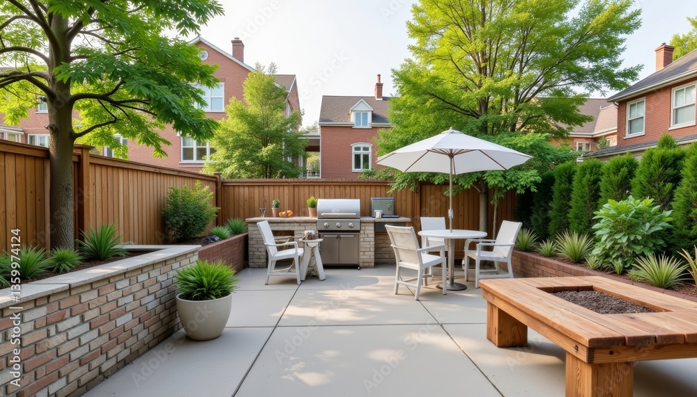 Fototapeta premium Inviting backyard barbecue area with lush greenery, entertaining ambiance