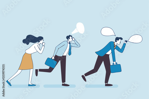 Workplace gossip, talking behind in the office, work bullying, chatter or rumor, rudeness voice or wrong information telling concept, business people gossip or talk behind colleagues in the office.
