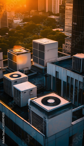 Air conditioning units on a rooftop at sunset, highlighting modern architecture and cooling solutions  -