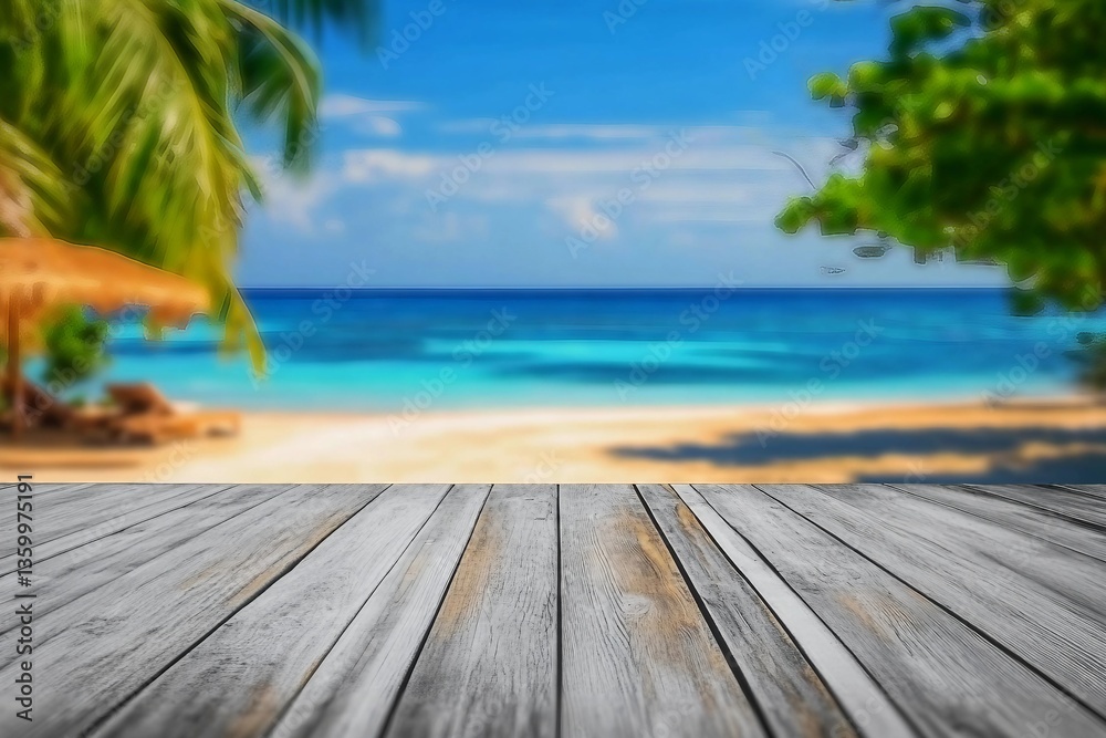 Fototapeta premium Empty summer holidays background. Horizontal travel banner for advertising product. Wooden table top in front, blurred paradise vacation. Panoramic empty counter in focus. beach and sea on background.