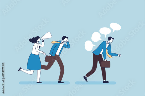 Workplace gossip, talking behind in the office, work bullying, chatter or rumor, rudeness voice or wrong information telling concept, business people gossip or talk behind colleagues in the office.