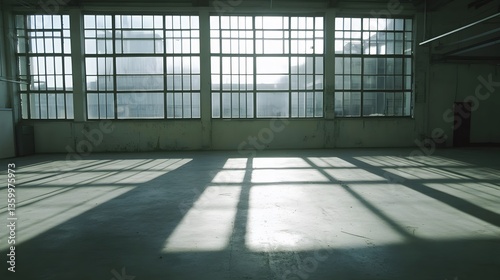 Sunlit Abandoned Factory Interior with Large Windows