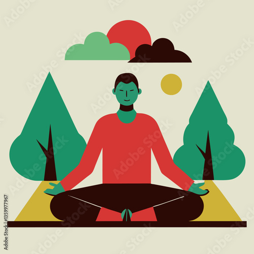 A man meditating outdoor. Flat style. Vector illustration.