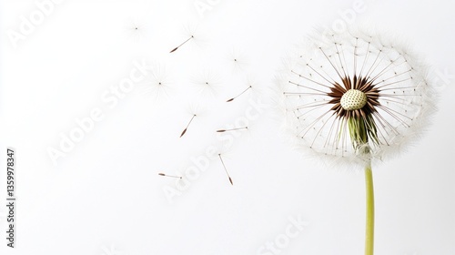 A dandelion stands gracefully, its fluffy seeds dispersing into the air. The scene captures the beauty of nature during springtime, filled with tranquility and delicate movements