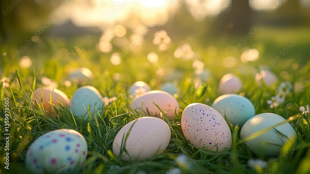 A soft-focus Easter sunset over a wildflower meadow, golden light illuminating the pastel eggs resting on the grass A soft-focus Easter sunset over a wildflower meadow, golden light illuminating the pastel eggs resting on the grass