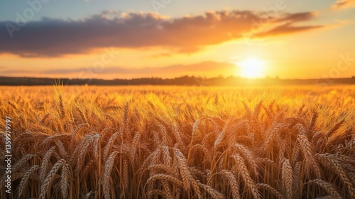 Golden wheat field at sunrise with vibrant colors illuminating the sky and rippling crops in the foreground