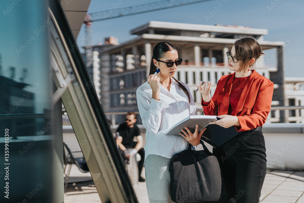 Two business people discuss documents on a high-rise balcony, surrounded by city views. Ideal for themes of teamwork, corporate meetings, and urban business environments. Two business people discuss documents on a high-rise balcony, surrounded by city views. Ideal for themes of teamwork, corporate meetings, and urban business environments.