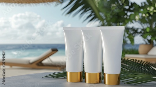 Four white body lotion tubes sit on a table, overlooking the calm beach and clear sea on a sunny day