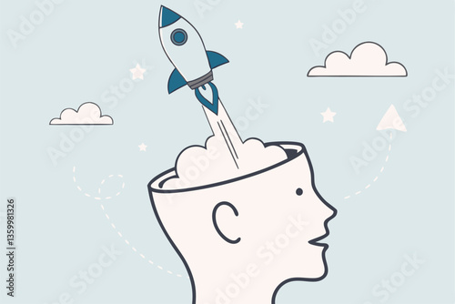 Open minded, innovation or improvement with knowledge or wisdom, learning or thinking enlightenment, start, begin project, discover or release project concept, human head open mind and launch rocket.