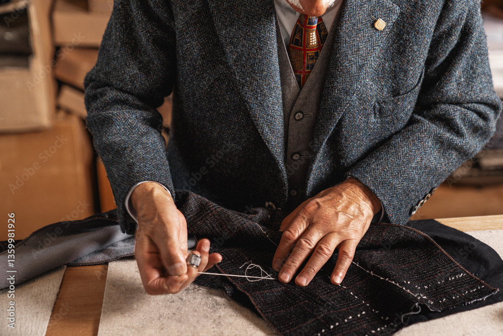Fototapeta premium A charismatic tailor, deeply focused on his craft. His skilled hands carefully stitch fabric. A master of traditional handcraftsmanship, dedicated to every detail. Handcrafting in a sewing atelier