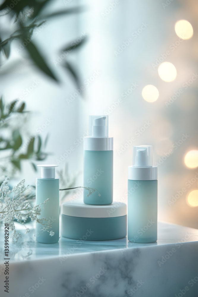 Luxurious skincare products displayed elegantly on marble surface, evoking serene atmosphere Luxurious skincare products displayed elegantly on marble surface, evoking serene atmosphere