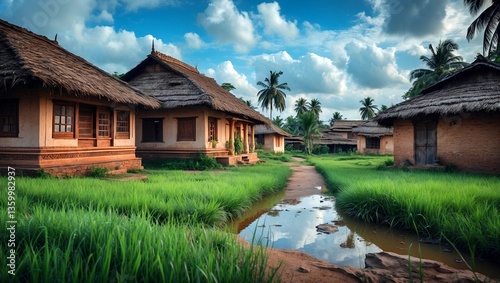 Charming village house amidst lush greenery and blue sky