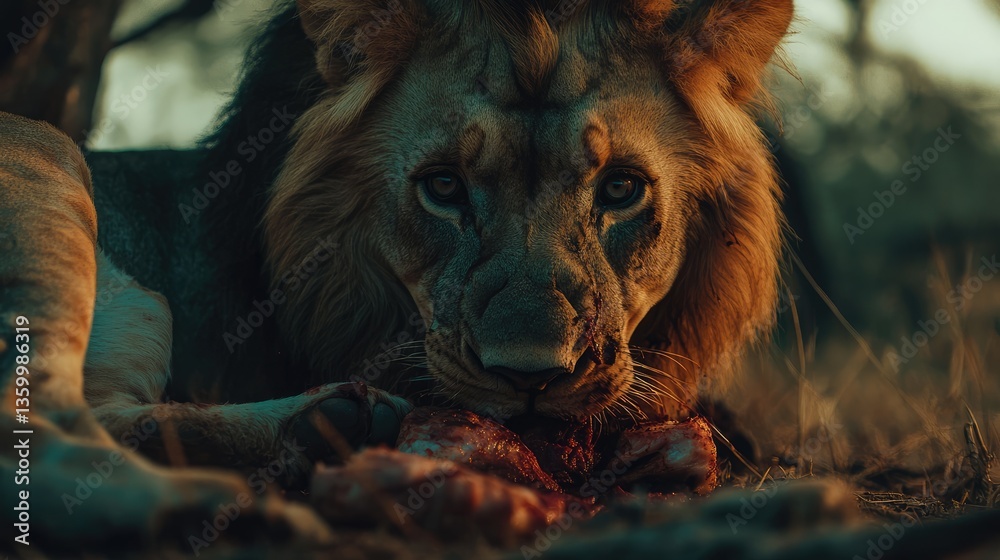 Naklejka premium Majestic lion feasting on a fresh kill in the golden hour, surrounded by a serene savannah landscape