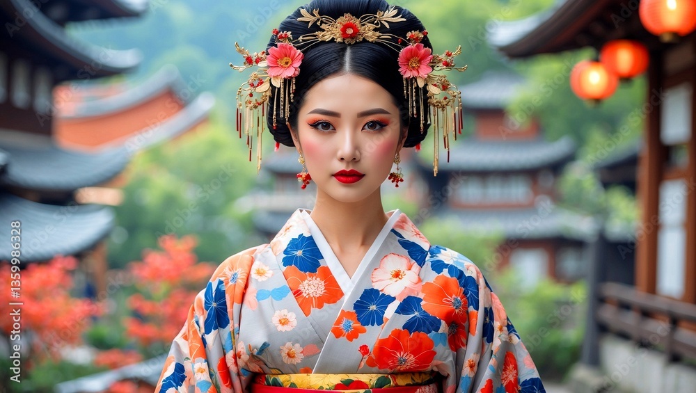 Elegant woman in traditional floral kimono with hairpiece Elegant woman in traditional floral kimono with hairpiece