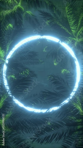 Neon glowing circle frame with exotic plants around on dark background. Palm leaves waving in a gentle breeze with neon frame. Useful for displaying text and logos.