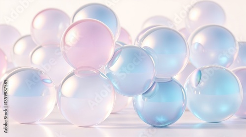 Colorful pastel bubble composition, glossy texture, playful design, copy space