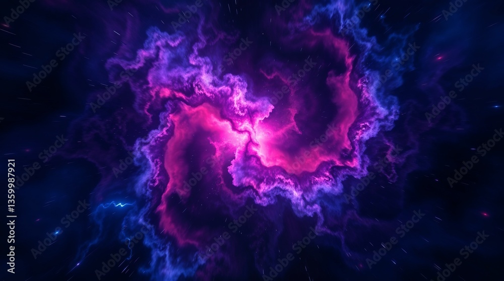 Vibrant cosmic nebula with swirling pink and purple clouds in a dark space
