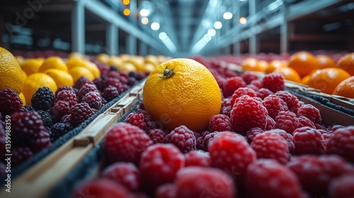 Vibrant fruits are organized in a cold storage warehouse, showcasing efficient inventory management for perishable goods under climate control settings to ensure quality and freshness. photo