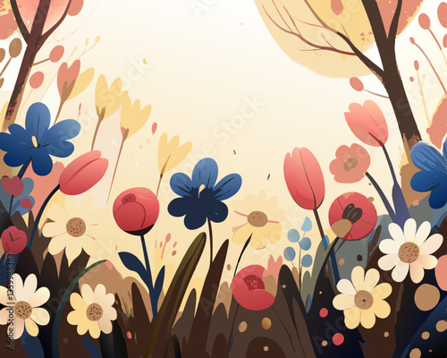 Spring Meadow with Blooming Flowers – Pastel Flat Vector Illustration