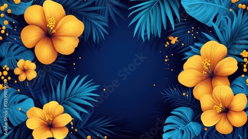 Tropical flowers frame, dark blue background, summer design, website banner