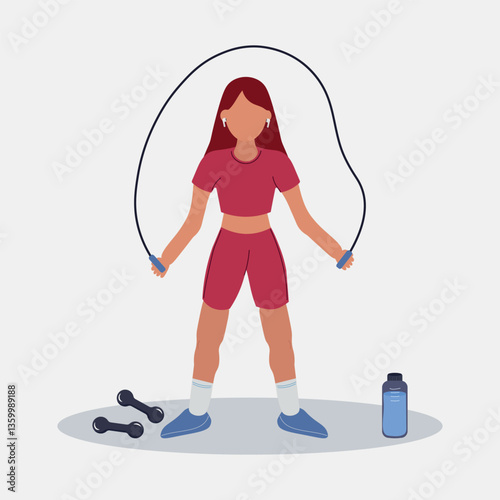 Female character jumping rope, physical activity healthy lifestyle concept, gym. Avatar isolated on white background, vector illustration.