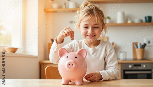 Young girl saving coins in a pink piggy bank at home  