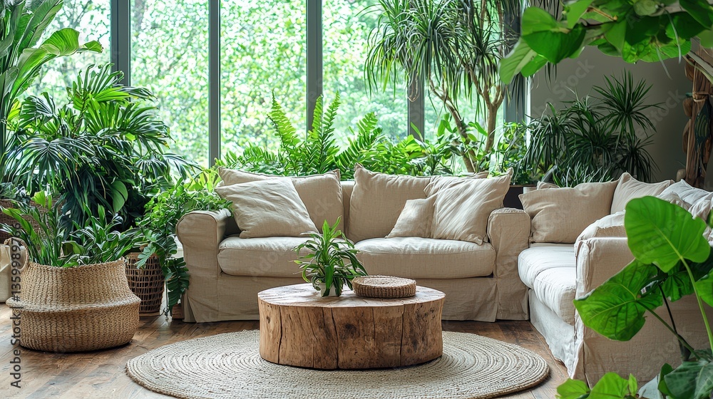 The inviting living area features a light-colored sofa surrounded by vibrant greenery and natural sunlight streaming through large windows, creating a serene atmosphere The inviting living area features a light-colored sofa surrounded by vibrant greenery and natural sunlight streaming through large windows, creating a serene atmosphere