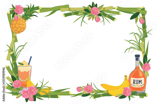 Vector horizontal frame with rum bottle, pineapple, banana and flowers. Illustration for beach bar menu. Cruise vacation, summer holidays, party, cafe.