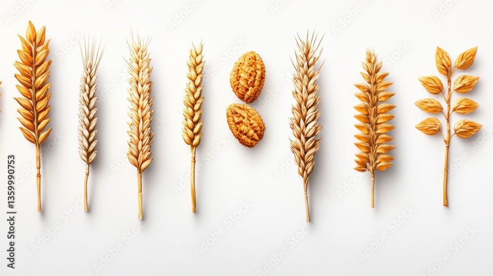 Flat lay composition of assorted dried wheat stalks and light brown seeds or cookies beautifully arranged against a clean white background for aesthetic appeal Flat lay composition of assorted dried wheat stalks and light brown seeds or cookies beautifully arranged against a clean white background for aesthetic appeal
