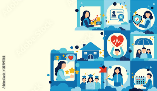 Employee engagement and benefits cartoon icons including healthcare, insurance, vacation, financial perks, workplace incentives, and compensation strategy. Incentive motivation for corporate company.