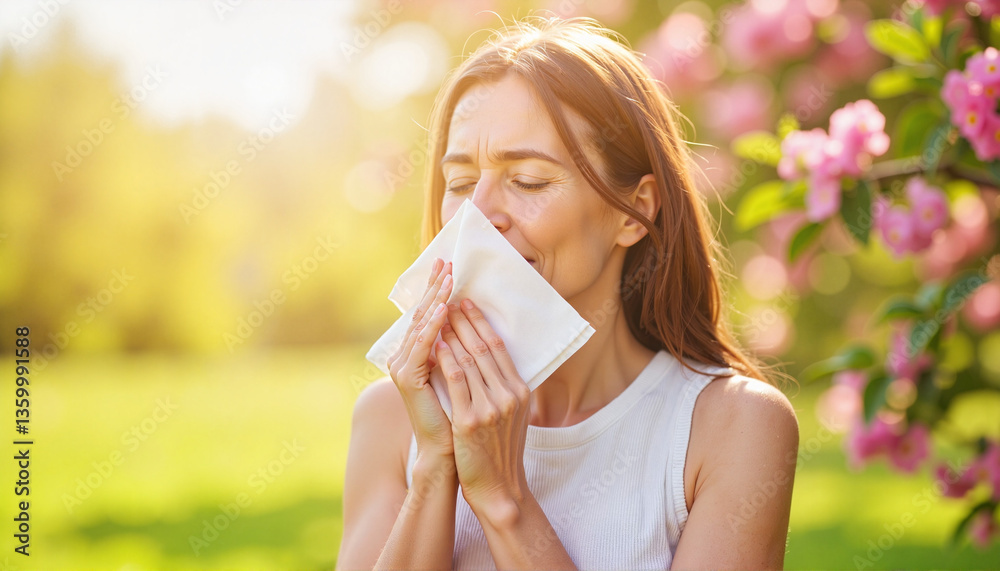 Woman sneezing with tissue surrounded by blooming flowers, seasonal allergies Woman sneezing with tissue surrounded by blooming flowers, seasonal allergies
