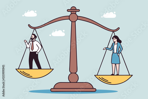 Gender equality, workplace fairness, justice or law, diversity corporate employee, comparison or balance scales, equilibrium concept, businessman and businesswoman colleagues on balance equal scales.