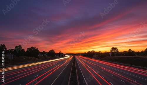 A highway with light trails under a vibrant sunset sky. Driving at twilight.