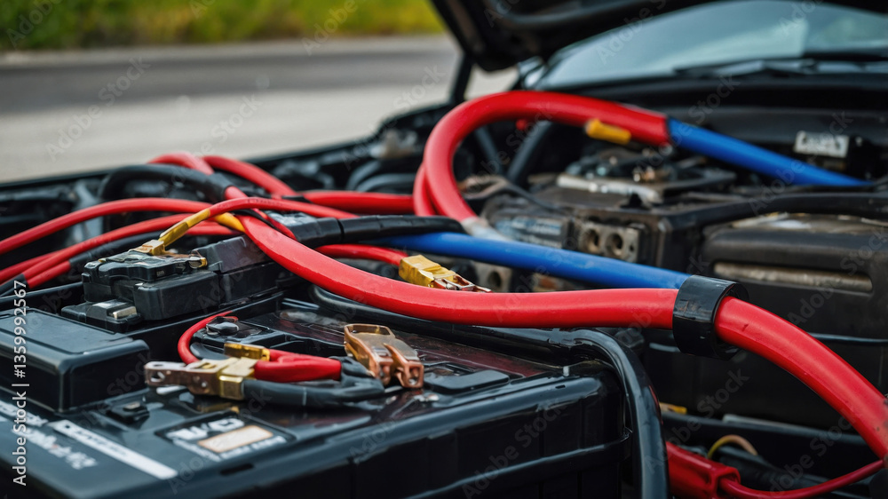 Car battery maintenance and jump-starting process taking place in an outdoor location Car battery maintenance and jump-starting process taking place in an outdoor location