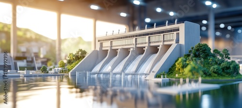 a hydro power dam. Placed on a table in an office. Blurred background with engineers 
