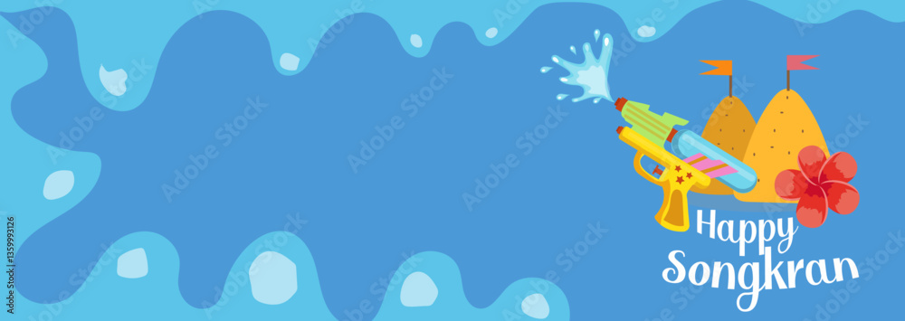 Naklejka premium A colorful Songkran festival poster in cartoon style with water splashes, temple, and traditional elements. Great for banners, ads, and event promotions