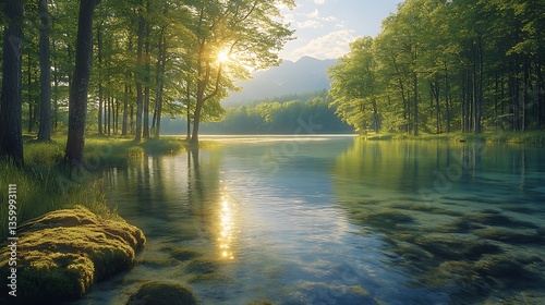 Serene Sunrise Over Calm Lake Surrounded by Forest and Mountains