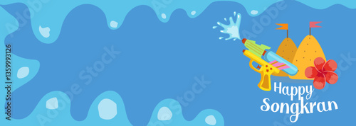 A colorful Songkran festival poster in cartoon style with water splashes, temple, and traditional elements. Great for banners, ads, and event promotions