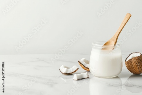Fresh coconut yogurt in jar with wooden spoon on marble surface.