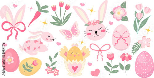 A charming Easter collection in coquette style, including decorated eggs, bunnies, flowers, and bows. Ideal for feminine stationery, kids’ projects, and seasonal crafts